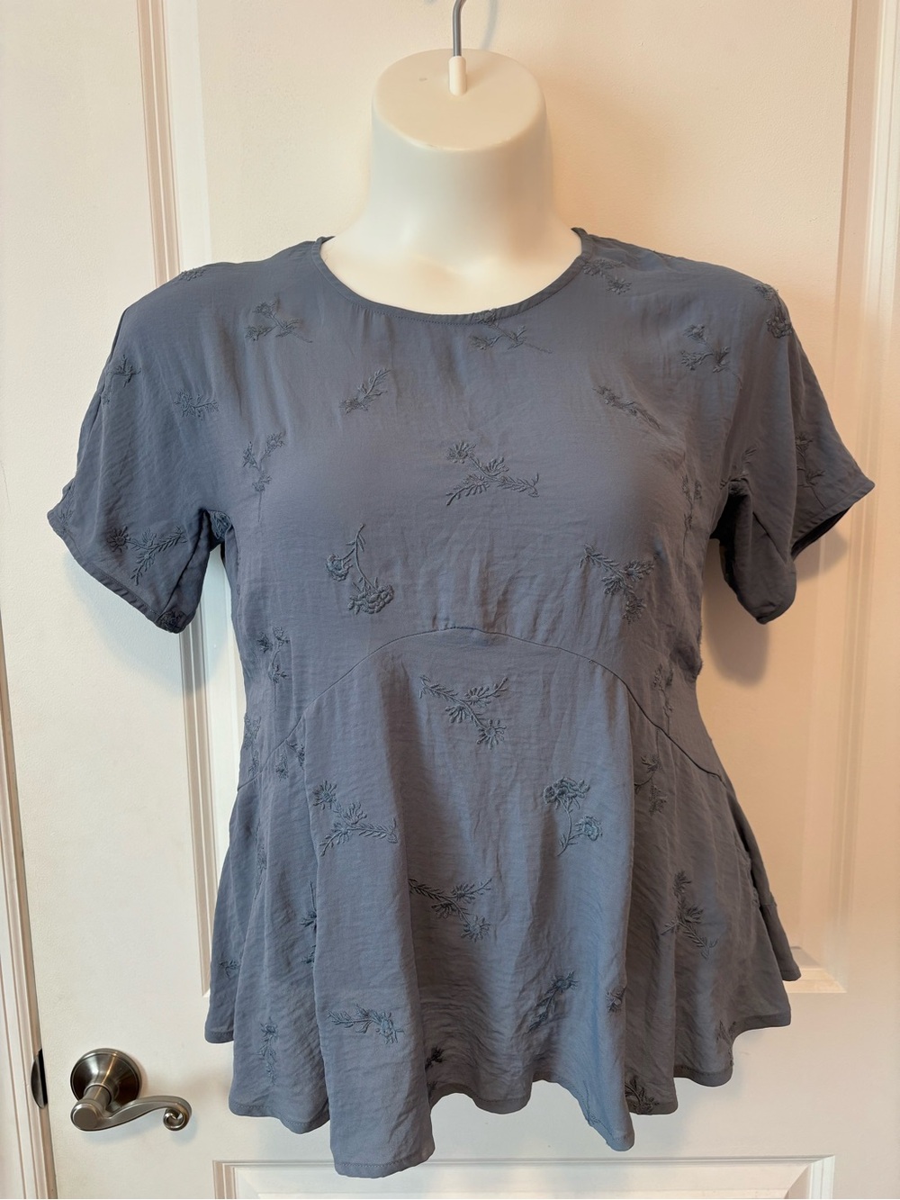Lucky Brand Slate Blue Embroidered Peplum Short Sleeve Top